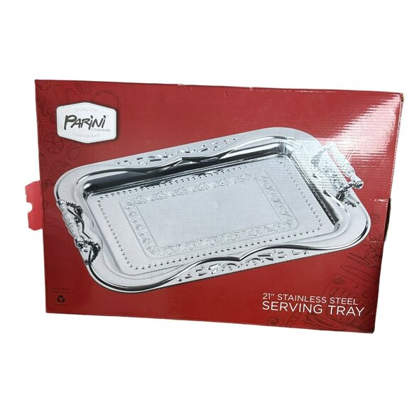 Parini 21" Stainless Steel Serving Tray Decorative Handles Elegant Design - Picture 7 of 8